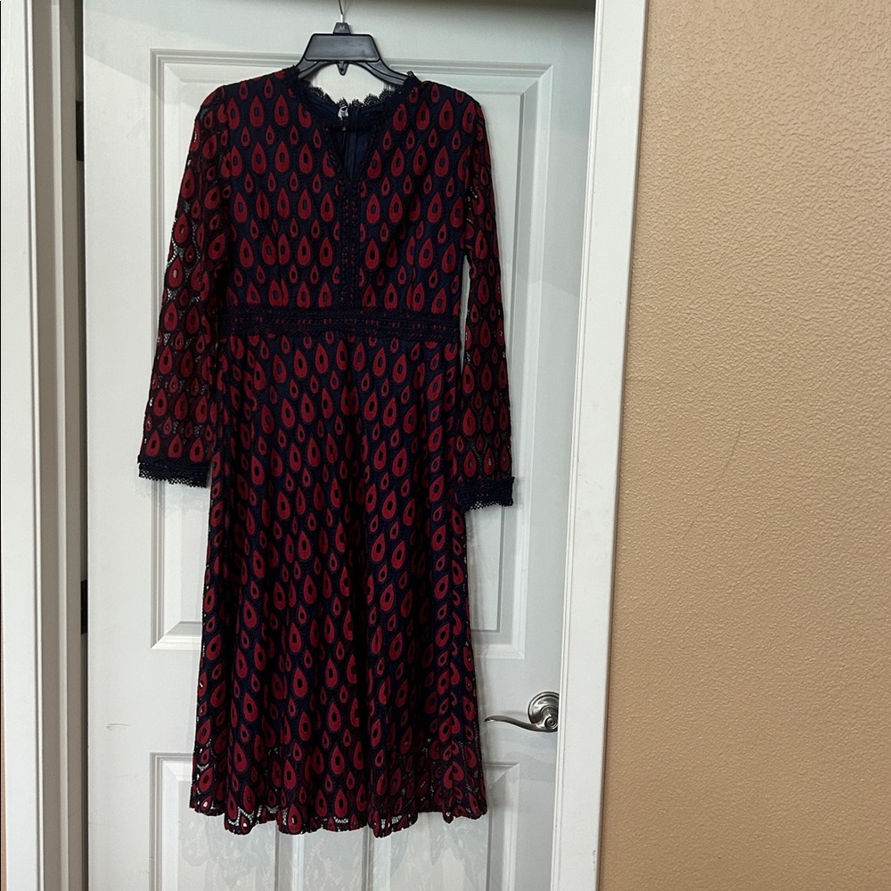 Women’s Navy and Red Lace-Trim Midi Dress